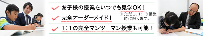 お子様の授業をいつでも見学OK! 完全オーダーメイド! 1:1の完全マンツーマン授業も可能!