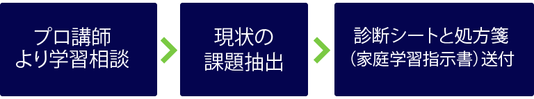 プロ講師より学習相談→現状の課題抽出→診断シートと処方箋（家庭学習指示書）送付