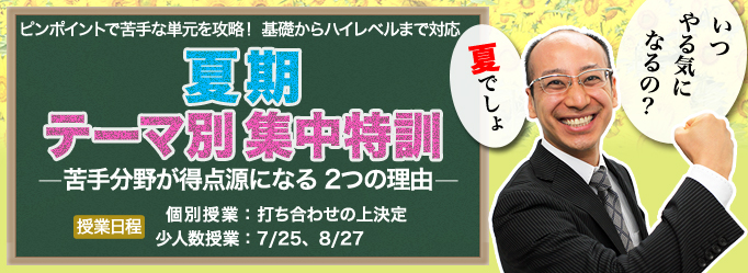 夏期 テーマ別集中特訓 ～苦手分野が得点源になる 2つの理由～　授業日程　個別授業:打ち合わせの上決定　少人数授業:7/25〜8/27