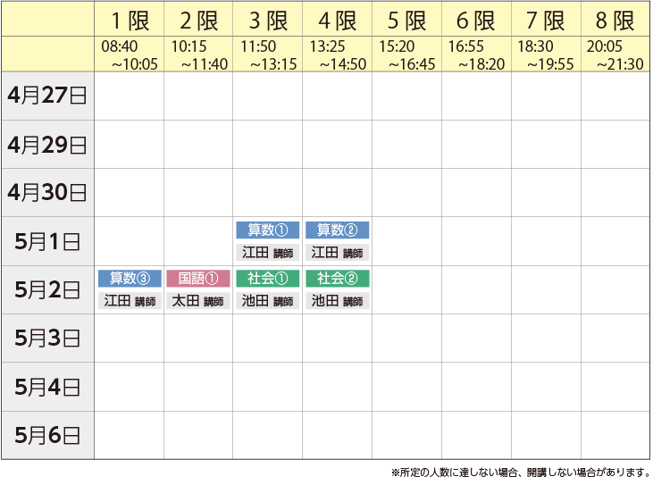 中学受験ドクター 南浦和校 5年生 春期講習 少人数授業スケジュール