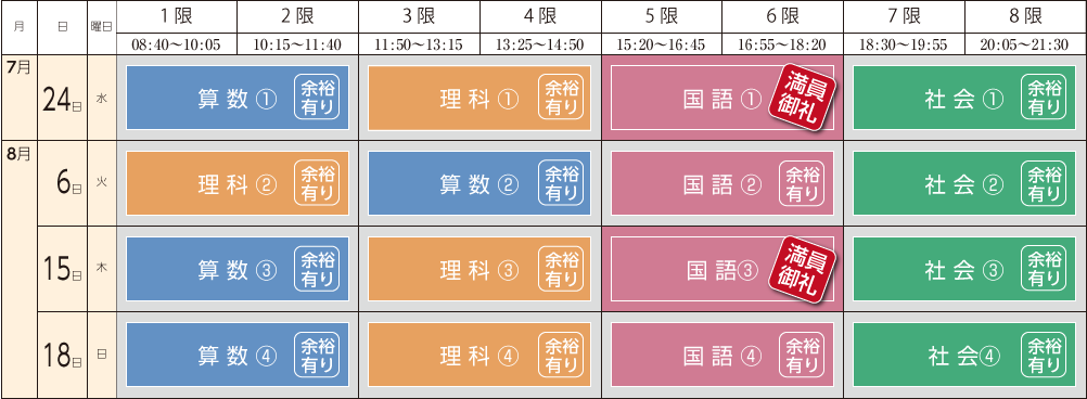 中学受験ドクター　6年生 夏期講習 少人数授業スケジュール