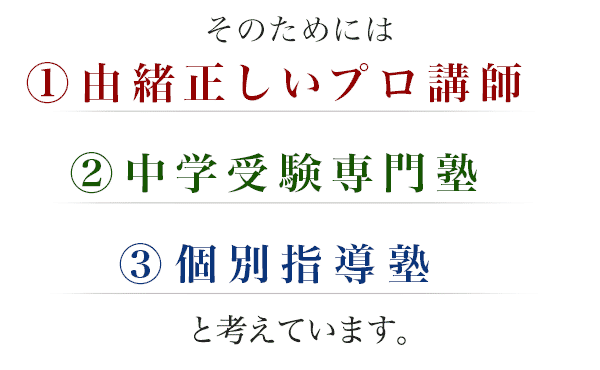 ①由緒正しいプロ講師　②中学受験専門塾　③個別指導塾